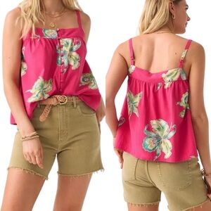 Faherty Marina Seersucker Top Womens Size XL Pink Floral Button Down Square Neck